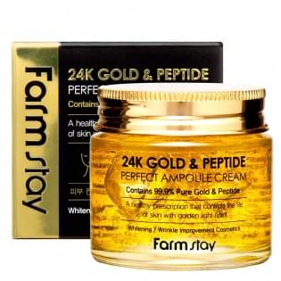 Крем ампульный с золотом и пептидами FarmStay 24K Gold & Peptide Perfect Ampoule Cream, 80 мл.
